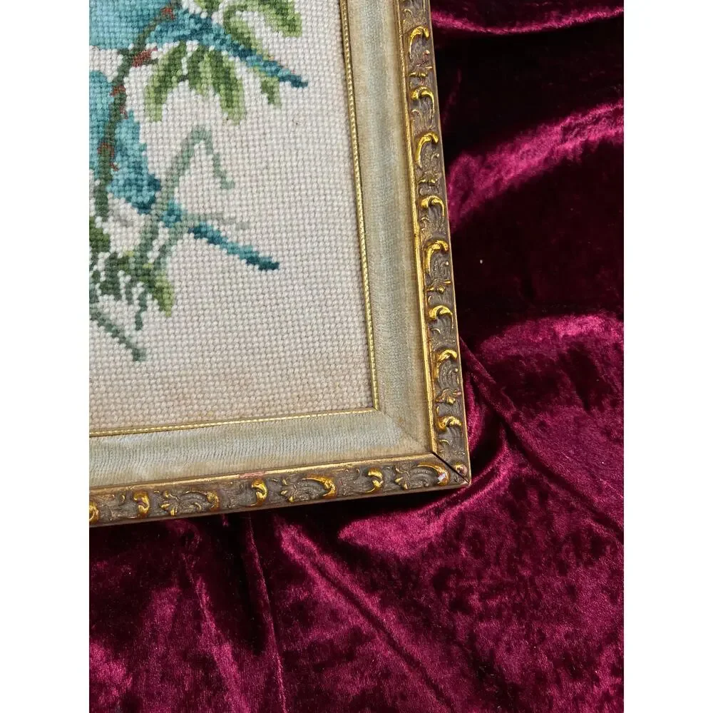Vintage Mid Century Framed Needlepoint Wall Art Blue Parakeet Birds On A Branch